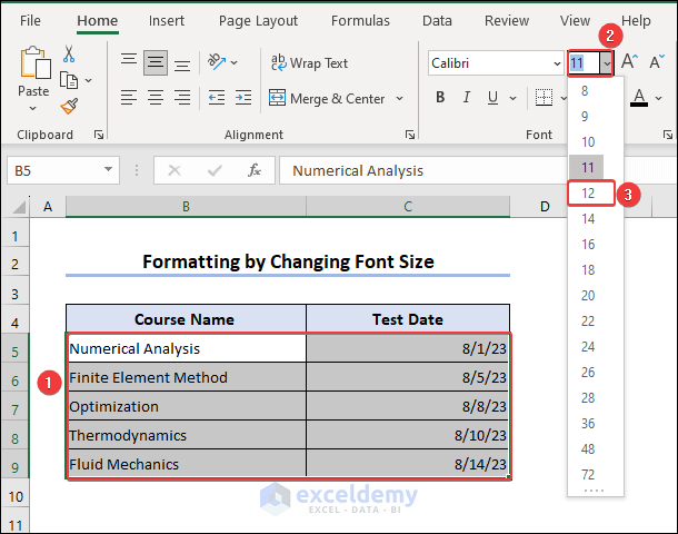 changing font size using from font group in the home tab
