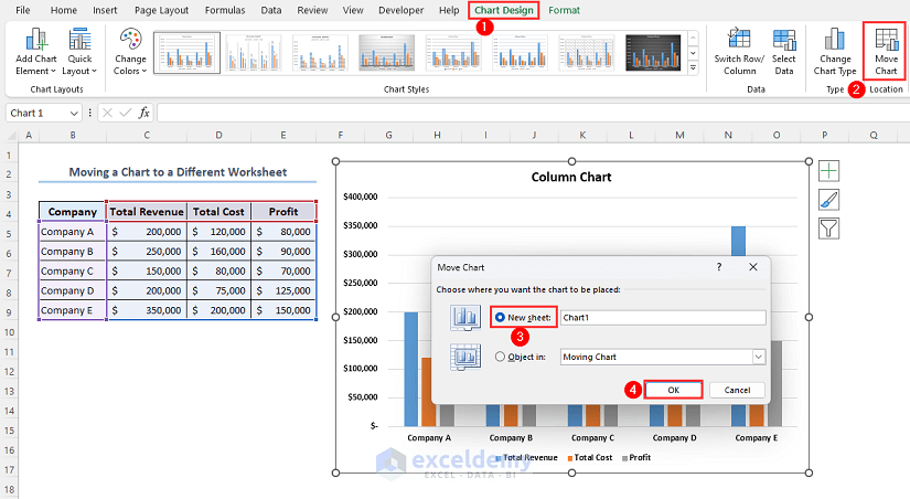 Moving column chart to a new worksheet