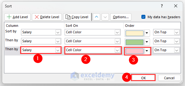 Selecting salary, cell color, light red color then clicking on OK