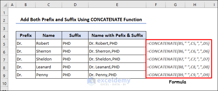 Add both suffix and prefix using CONCATENATE function