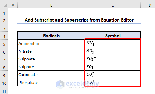 Complete dataset with subscript and superscript from Equations