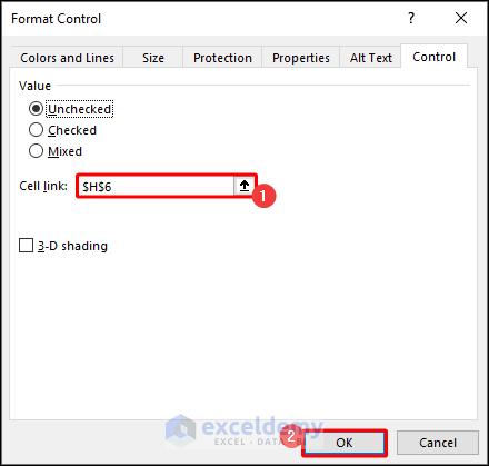 Set Control options for the Check Box