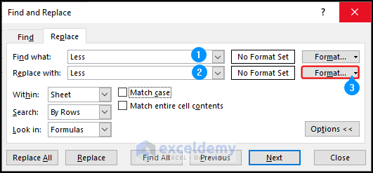 How to use the find and replace menu to highlight cells