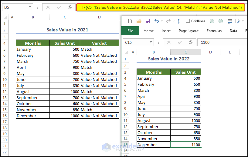 Using the IF function to compare the sheets side-by-side