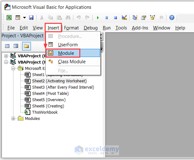 Selecting Module from Insert tab in Visual Basic window to use Excel VBA to refresh all data connections