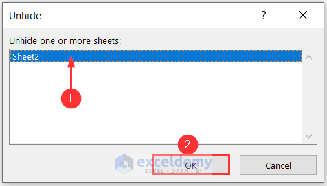 Selecting sheet name to unhide from the Unhide window