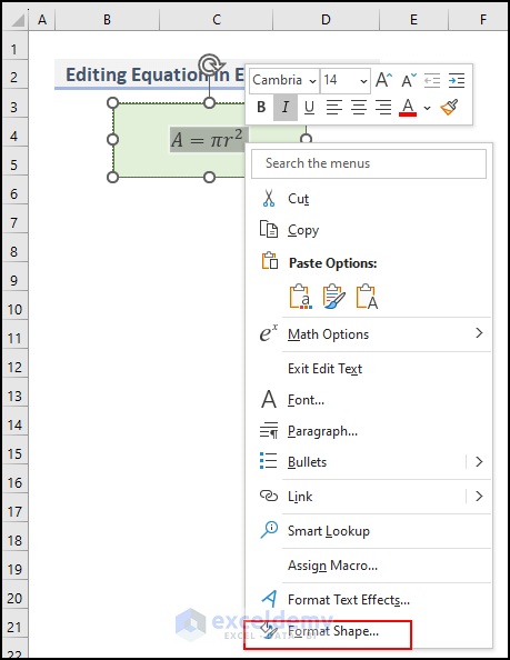 29- selecting format shape option to format an equation in equation editor