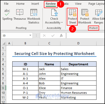 29- selecting protect sheet option to secure cell size
