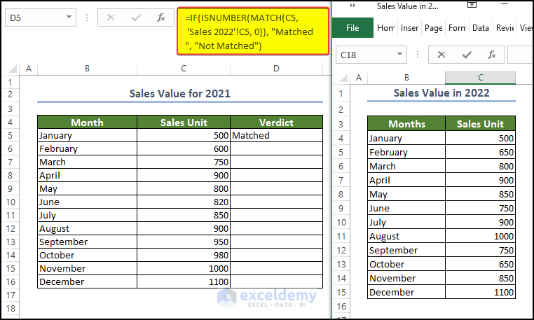 Using the IF, ISNUMBER, and MATCH functions to compare sheet side by side