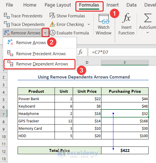 Applying Remove Dependent Arrows in Excel