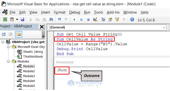 Applying VBA code to get cell value as a string.