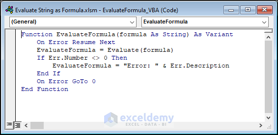 Code for Using VBA Evaluate Function in User Defined Function of Excel VBA
