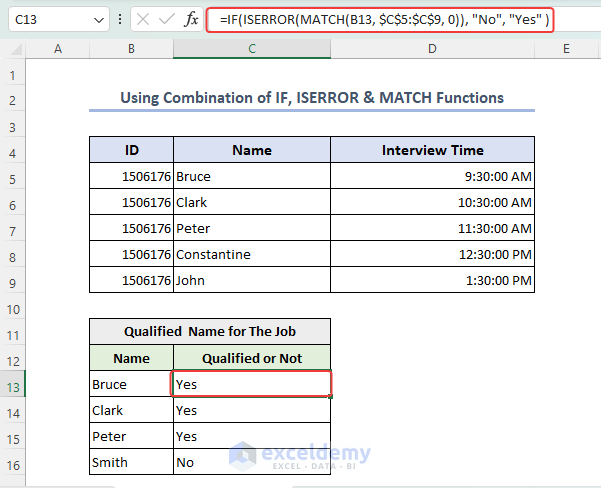 Use of IF ISERROR and MATCH in excel