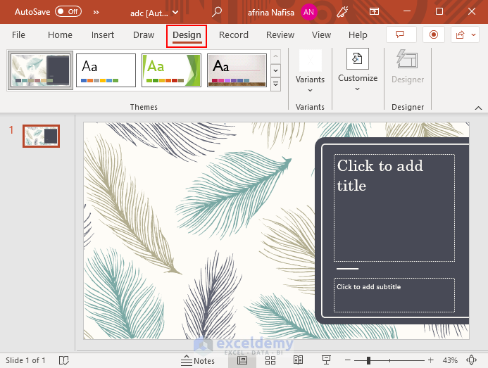 Opening feathered theme in PowerPoint.