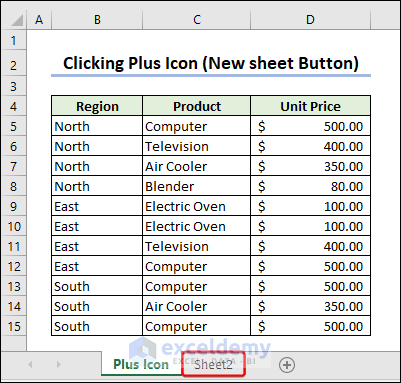 Output of insert new worksheet in excel using Plus icon