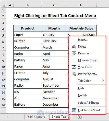 Right-clicking on Sheet name for Sheet tab context menu in Excel