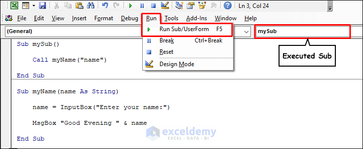 Run the code to call a sub with single parameter