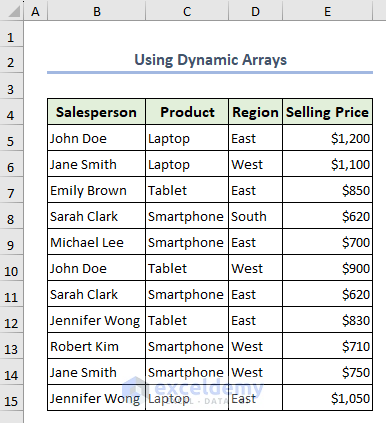 Sample dataset of how to use dynamic arrays in Excel
