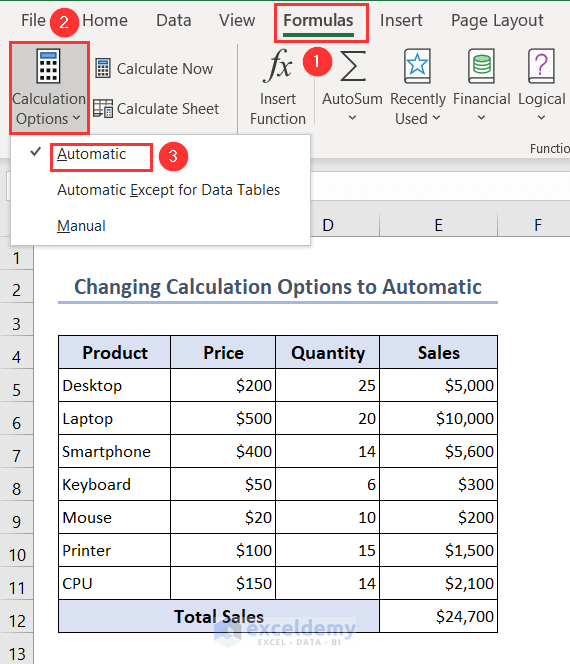 Selecting Automatic as the Calculation Options to update values automatically
