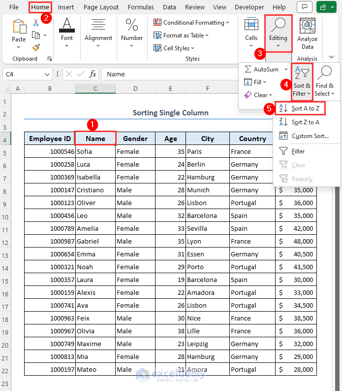 Using sort feature to organize data in Excel