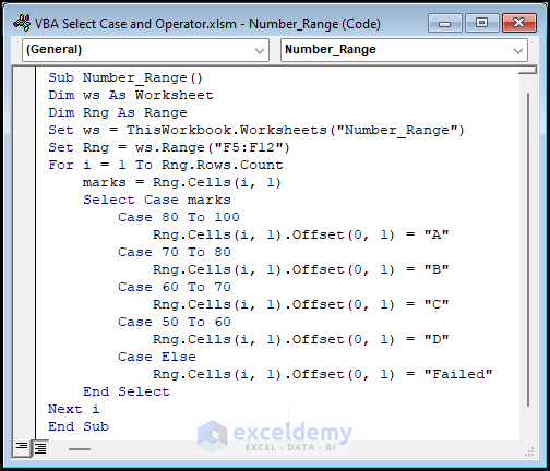 VBA Code to Use Select Case on Range of Numbers