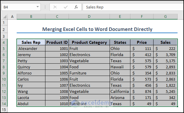 3- copying dataset to merge Excel cells into a Word document directly
