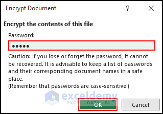 3- entering password in the Encrypt Document dialog box to encrypt the Excel file