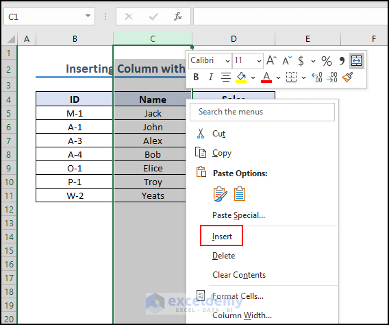 3- selecting insert option by right clicking to insert a column in Excel