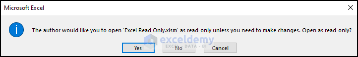 3- selecting yes no from read only dialog box to make an Excel file read only