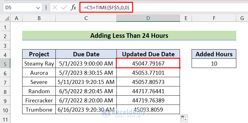 Add Less Than 24 Hours Time in Excel