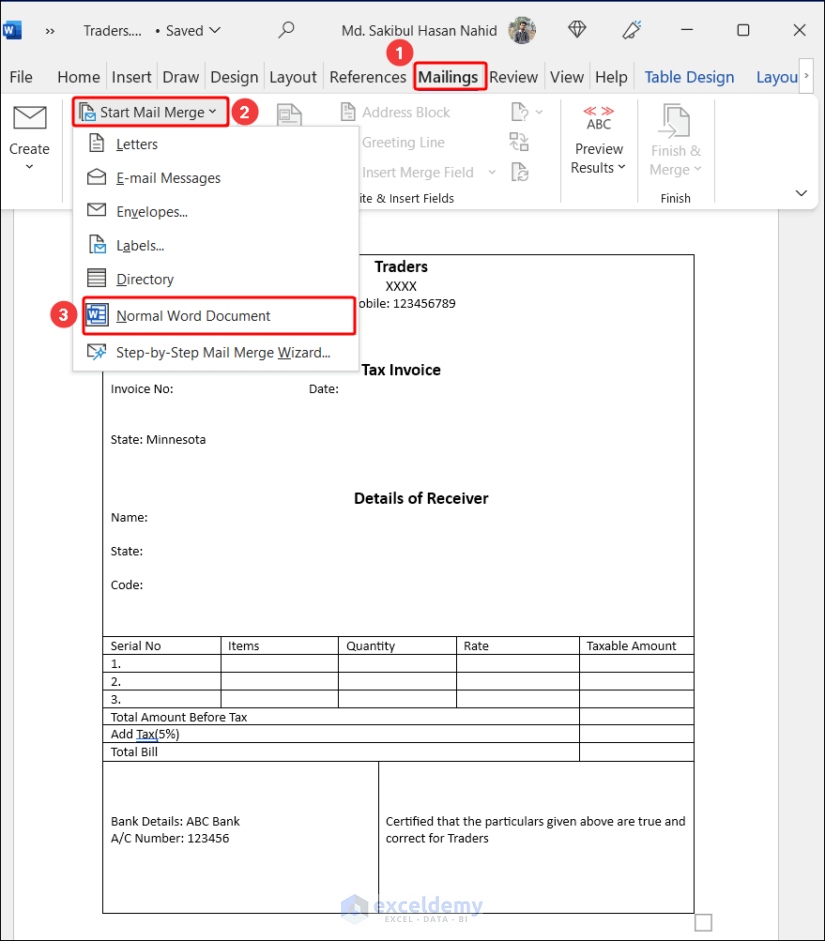 Starting Mail Merge to create multiple invoices from Excel spreadsheet