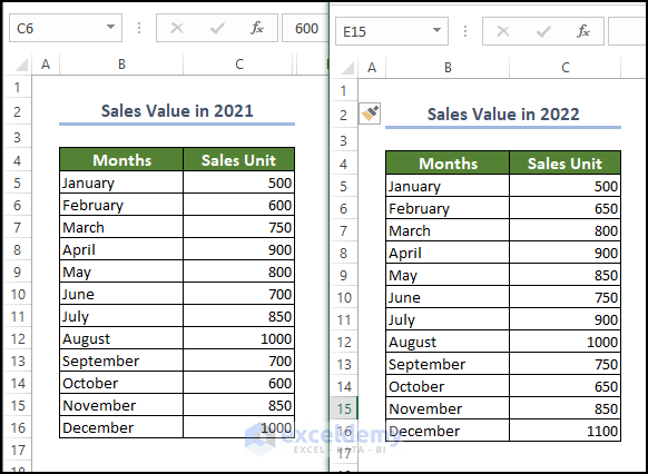 Worksheets are compared side by side