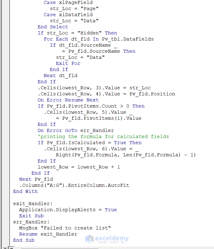 VBA Code for generating List Of Pivot Fields of 1st Pivot Table in Active Sheet