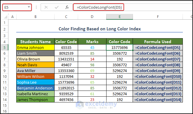 Getting the color code of the font in Long format using User defined function