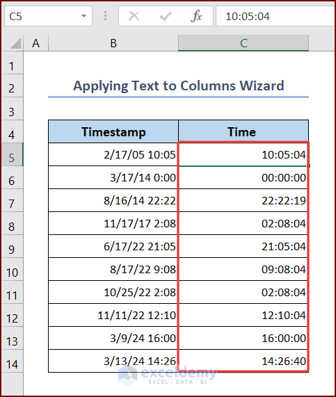 Applying Text to Columns Wizard to Convert UTC Timestamp to Time