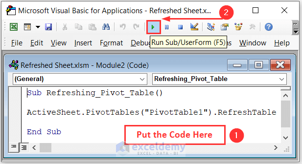 Inserting code in Module and pressing Run button to use Excel VBA to refresh all data connections