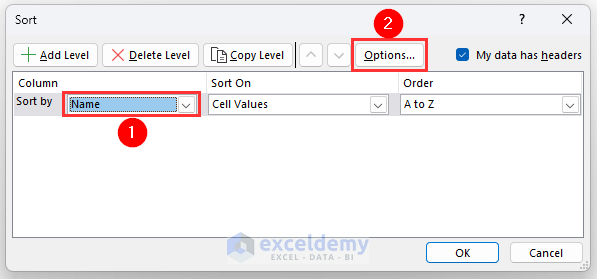 Selecting name from column section then clicking on Options