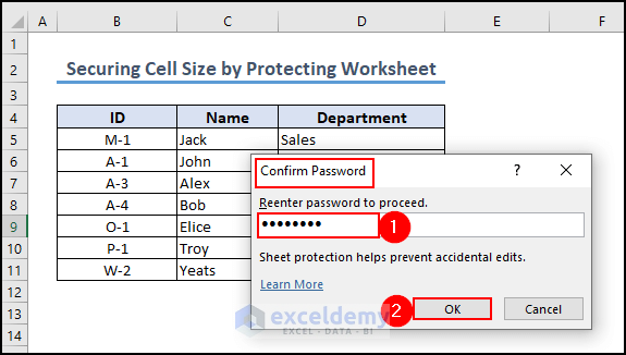 31- re-entering the password to secure cell size
