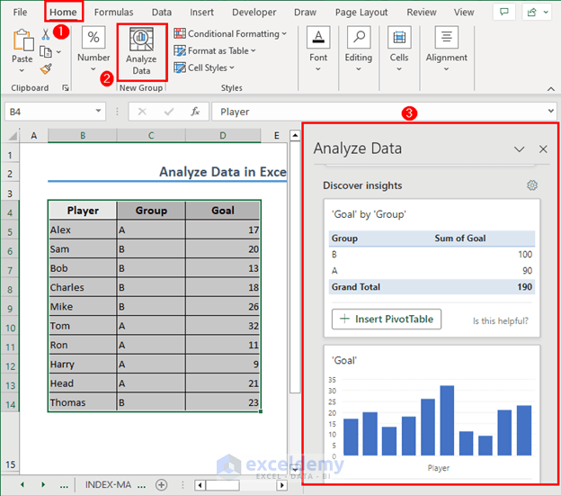 Excel-recommended options in Analyzing Data feature