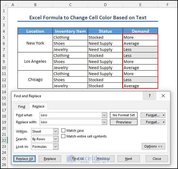 Highlighting cells using the find and replace menu