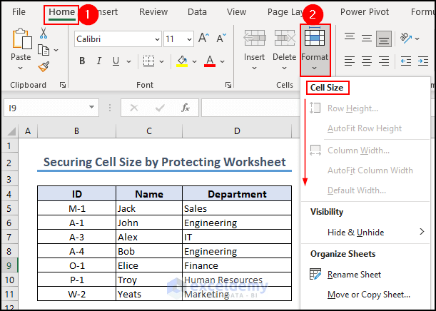 32- secured cell size by protecting worksheet in Excel