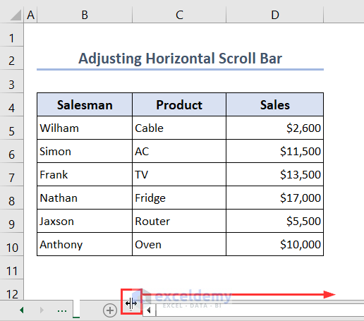 Adjusting horizontal scroll bar with mouse to show Sheets tab
