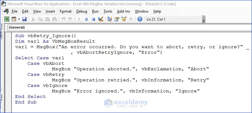 Code of vbAbortRetryIgnore in the VBA Editor
