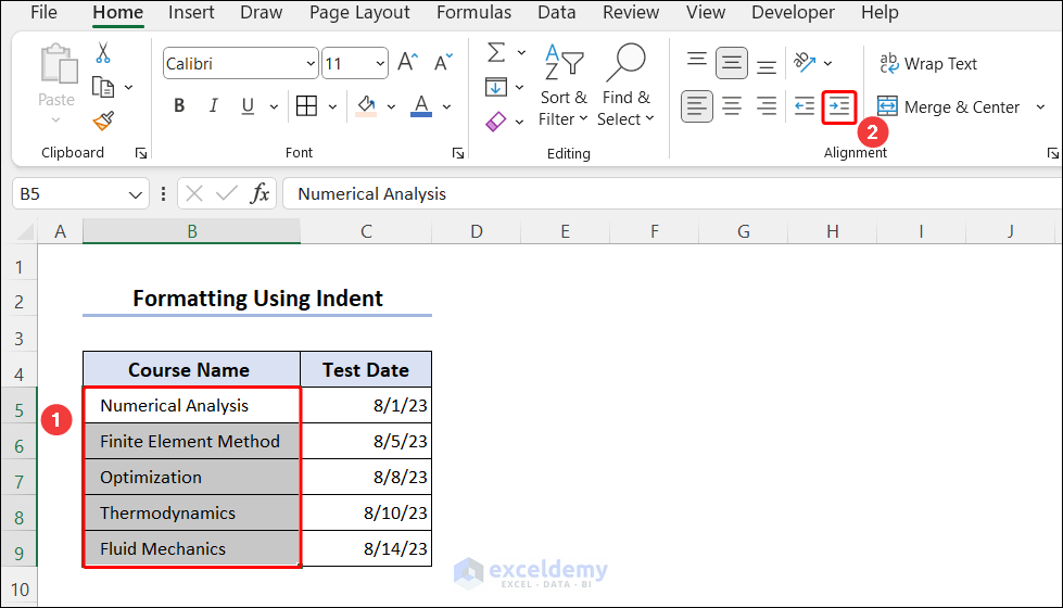 Indenting text using the increase Indent option