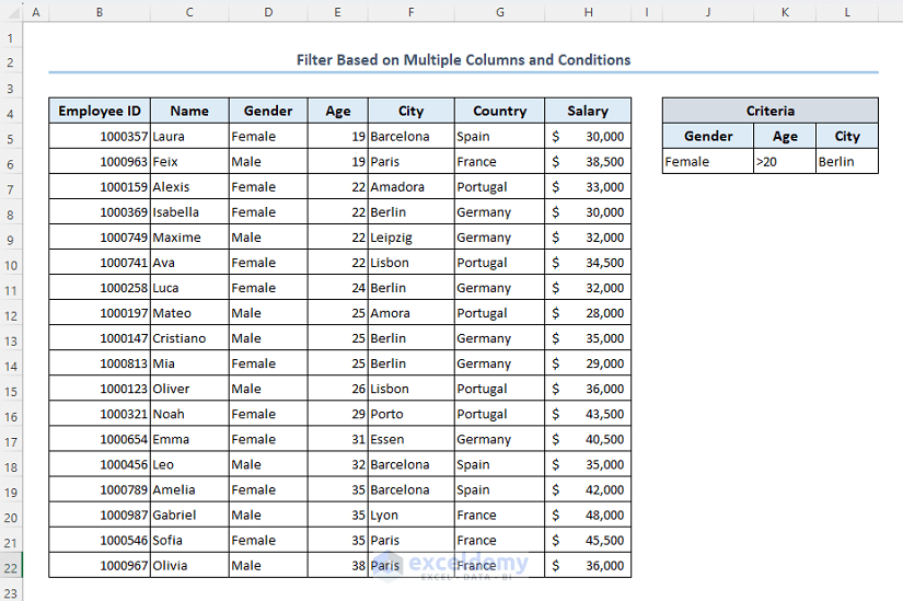Dataset to filter based on multiple criteria to organize data in Excel