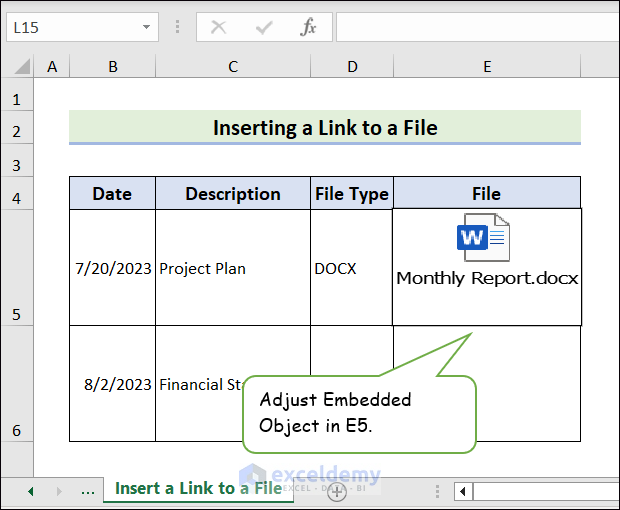 Output of Inserting a Link to a File in Excel