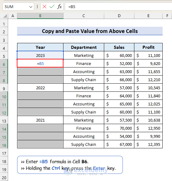 How to Apply Formula to Paste Values from Above Cells in Blank Cells in Excel
