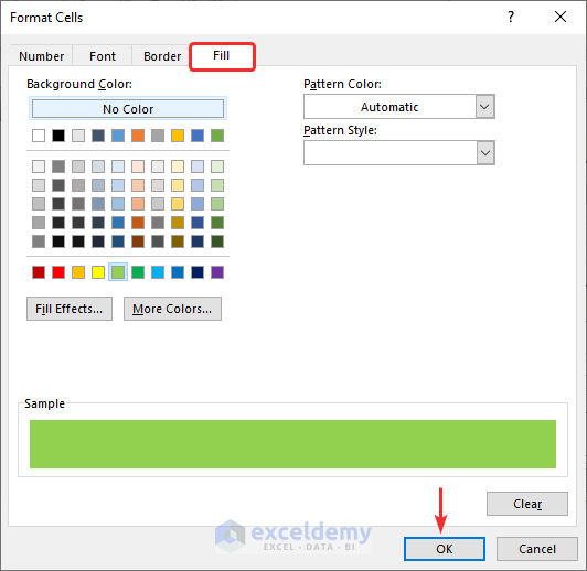 Choose color in Format Cells dialog box