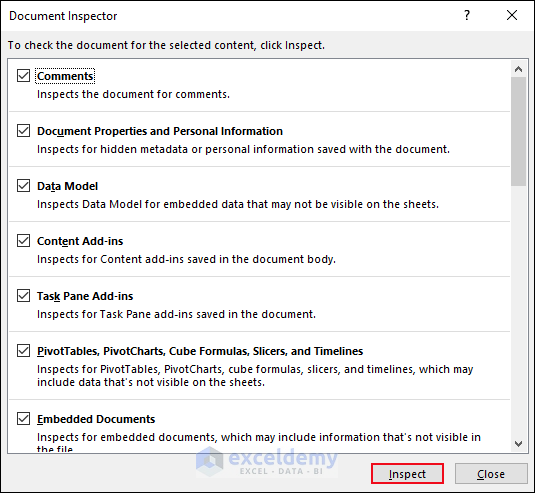 4-Choose the Inspect option from the Document Inspector dialog box