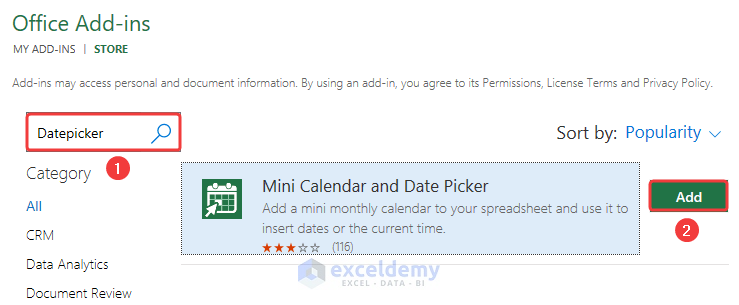 Choosing Mini Calendar and Date Picker and clicking Add